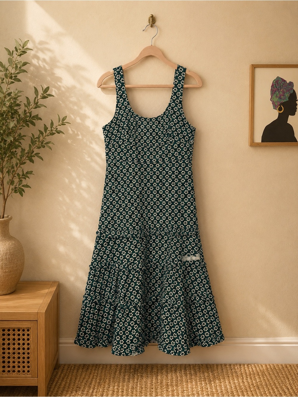 Anthropologie Dark Green Blythe Floral Tiered Maxi Dress